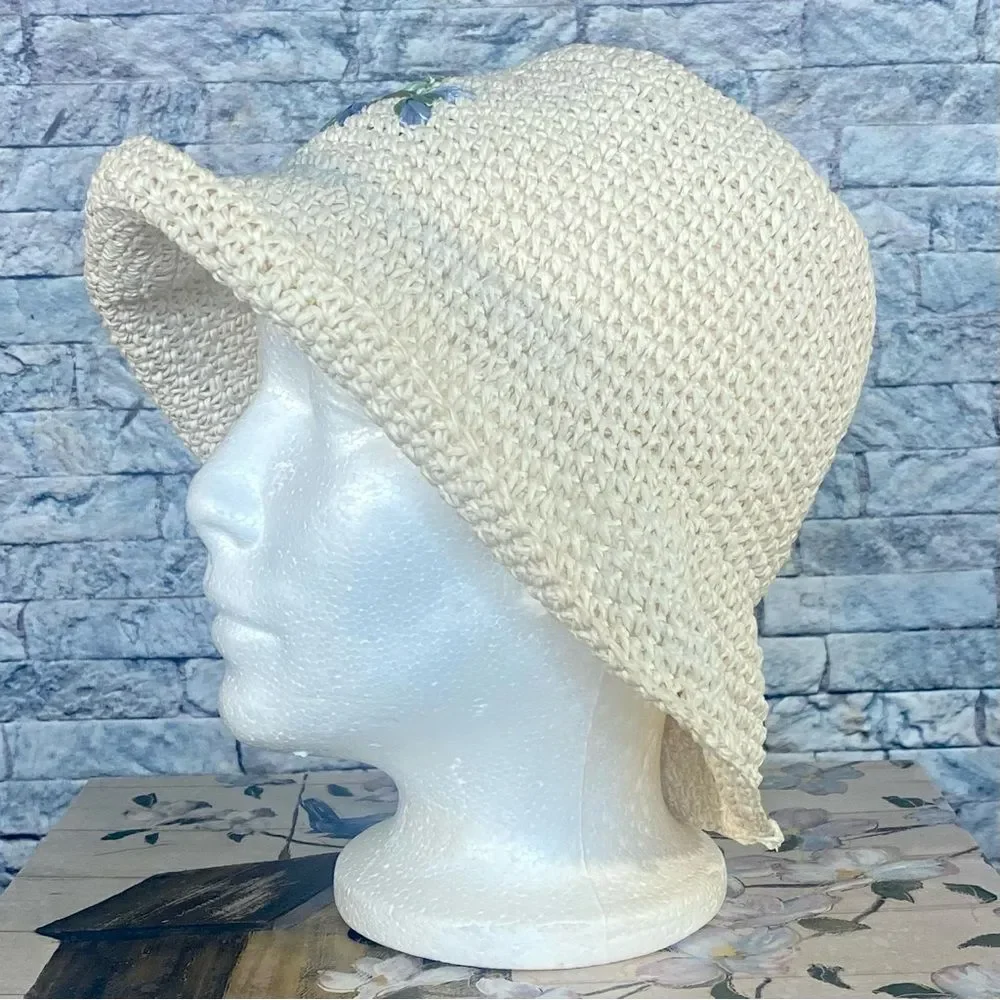 Vintage Woven Summer Hat Floppy Brim Embroidered 100% Woven Paper